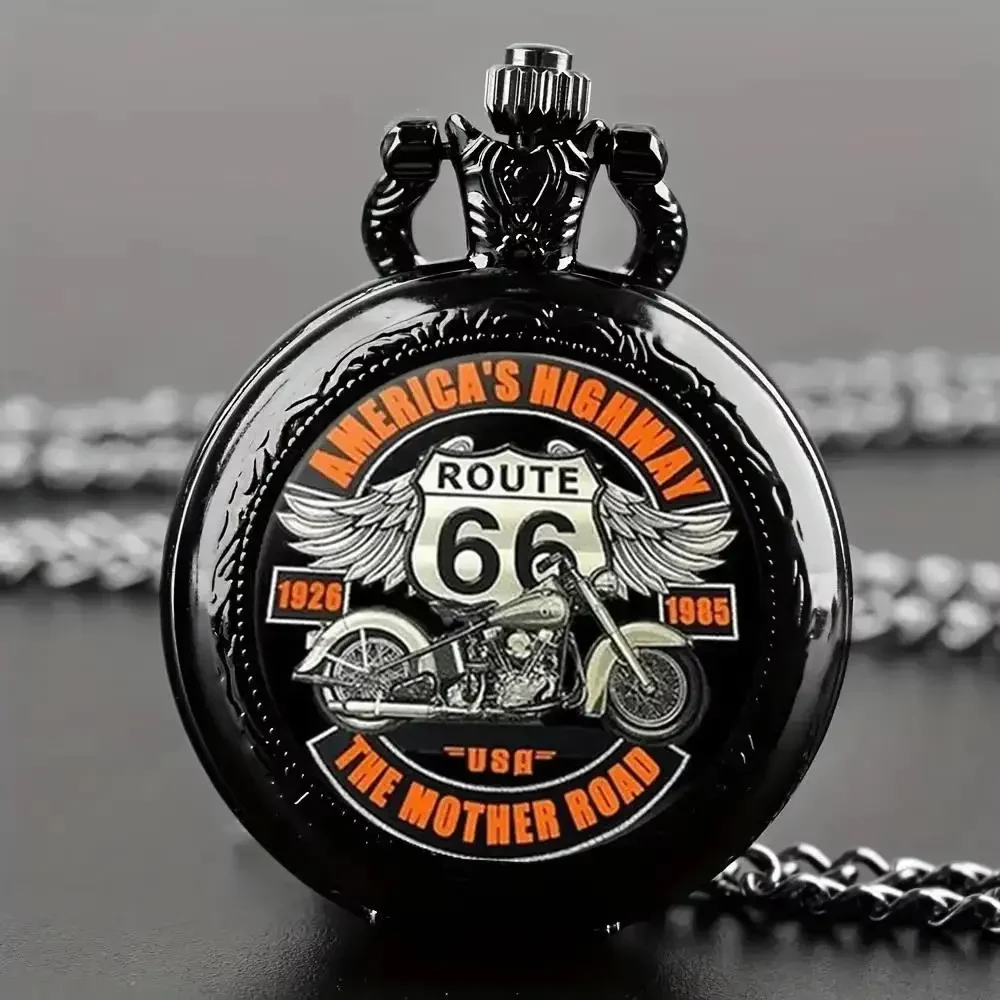 Vintage Route 66 Motorcycle Pocket Watch America's Highway The Mother Road Quartz Pocket Watch With Chain Antique Pendant Clock