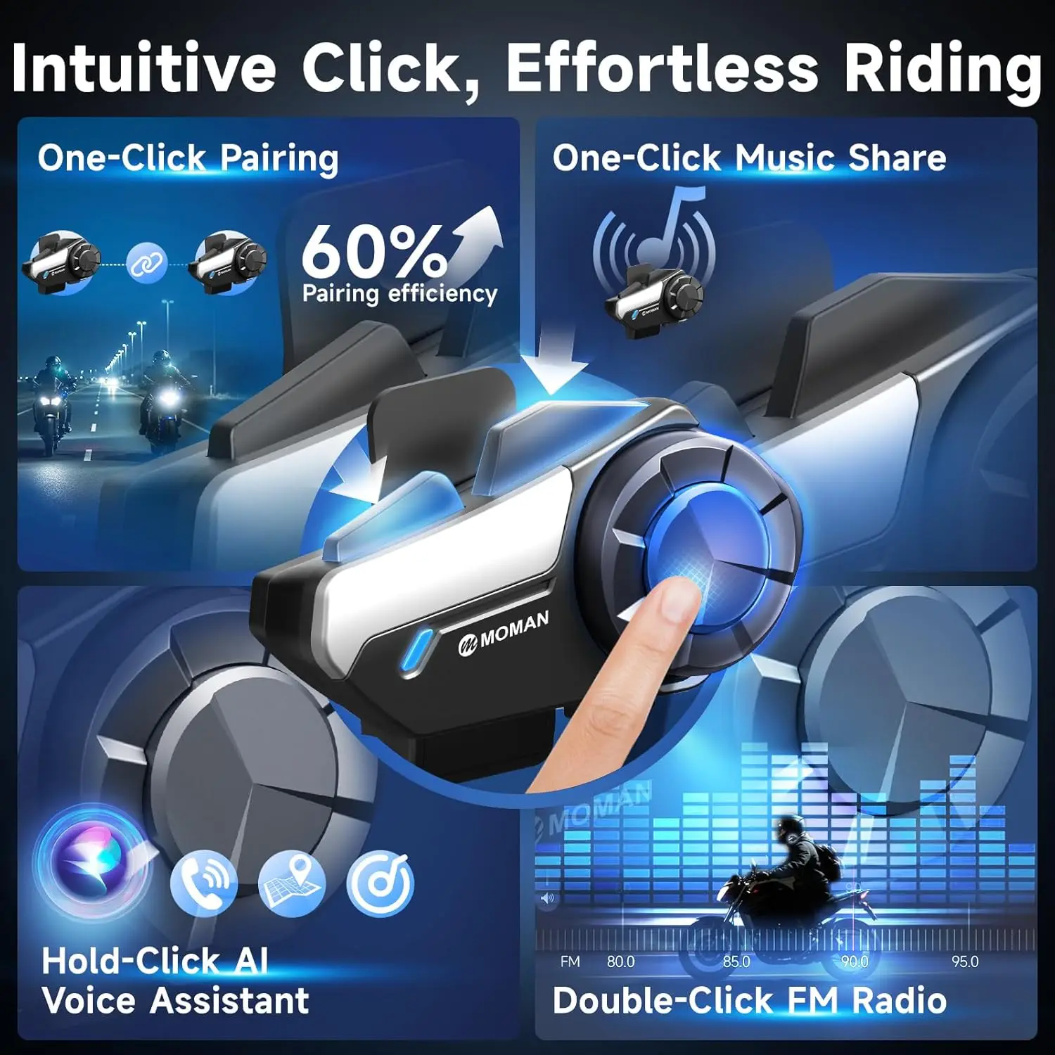 Moman Motorcycle Intercom H2S Motorbike Helmet Speaker 2-Way 1000M Communication Headset with Triple Noise Cancellation Hi-Fi