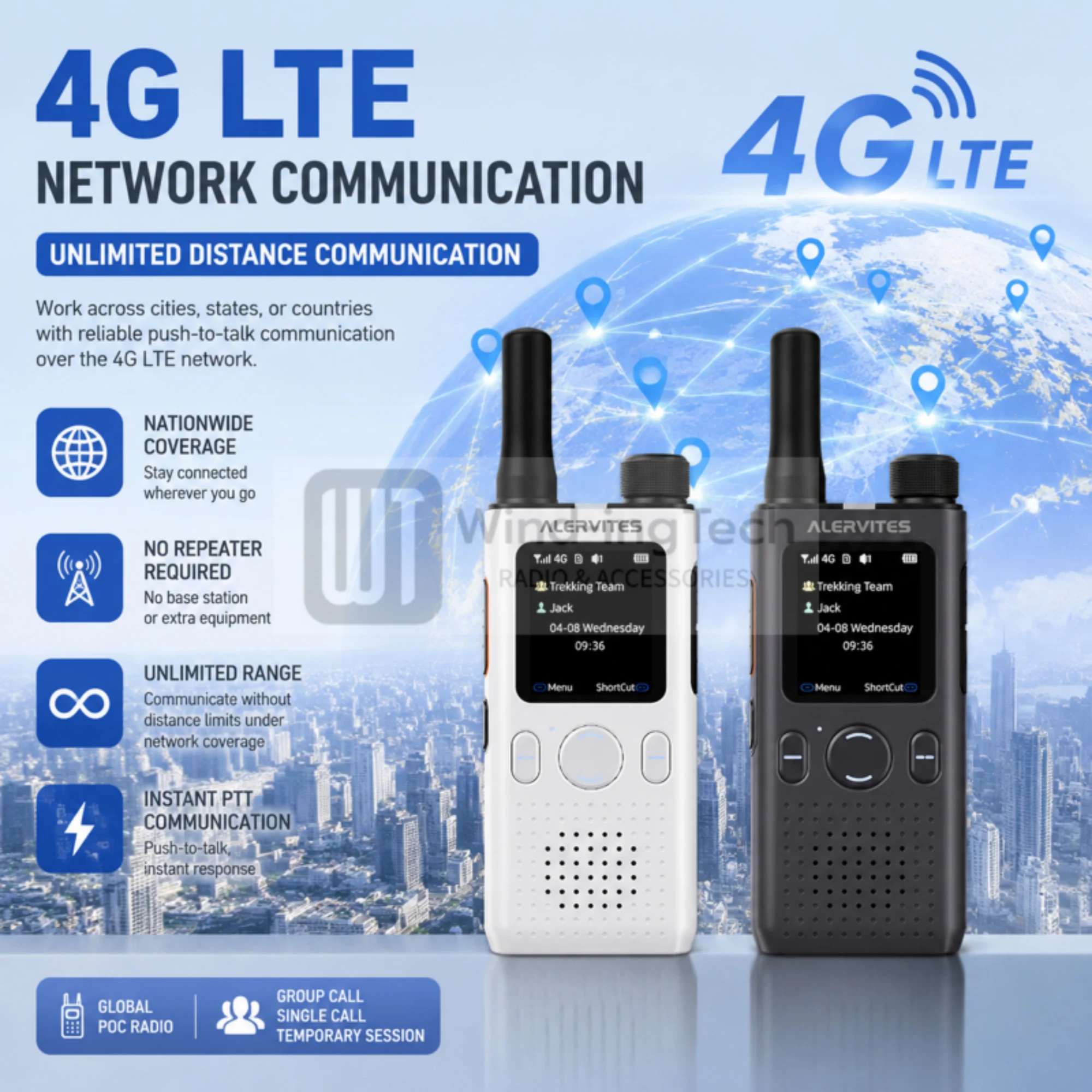 ALERVITES AT1 PoC Global Walkie Talkie Nationwide Coverage Unlimited Distance 4G LTE USB-C Charging US/EU Ultra-light Thin Radio