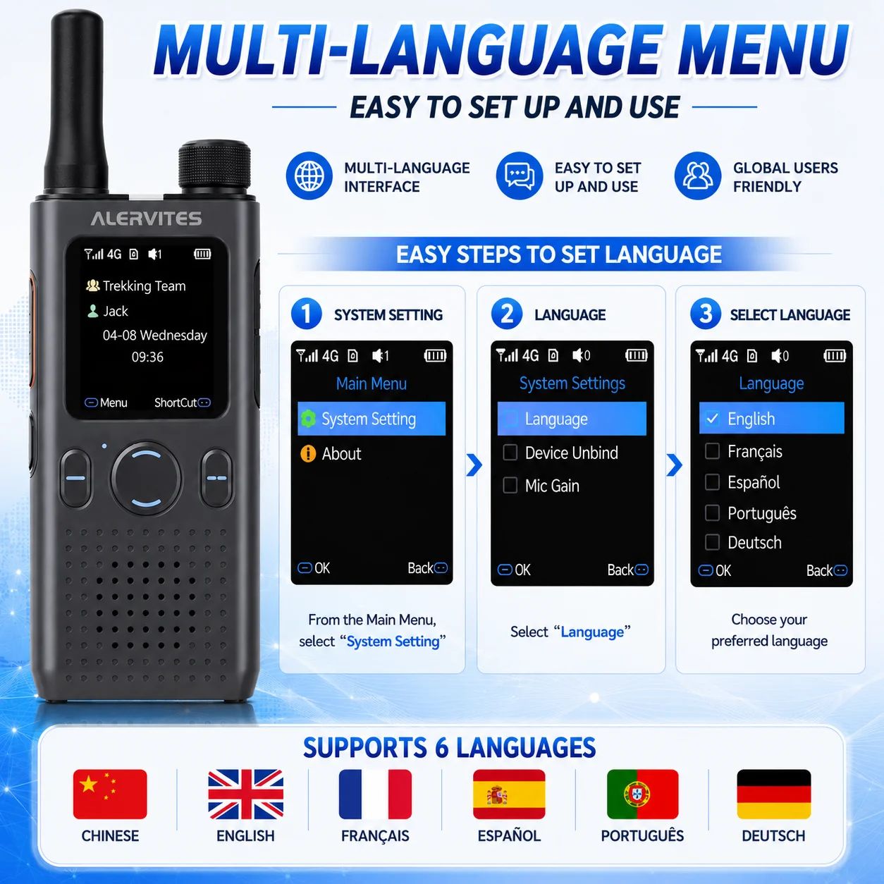 ALERVITES PoC AT1 Global Walkie Talkie Baofeng Radio 4G LTE EU/US Version Optional Group Call Support Multi-Language Menu USB-C
