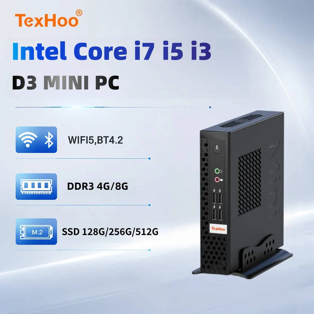 TexHoo Mini PC Intel Core I7 I5 I3 Dual Band WiFi5 BT4.2 RAM 8GB SSD SATA 256G 512GB Desktop 특가 미니pc Gaming Computer 8USB ports
