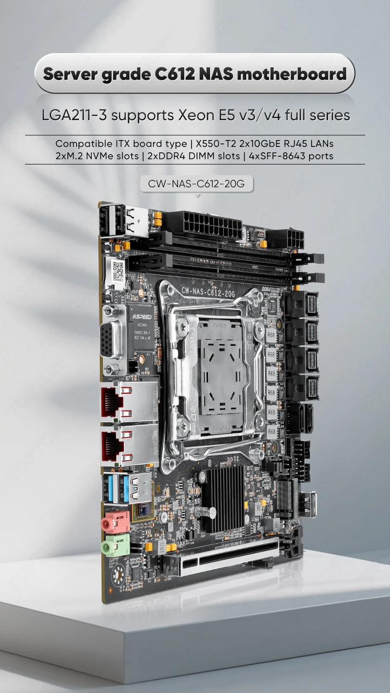 Topton 2x 10GbE LAN C612 ITX NAS Motherboard Intel LGA2011-3 XEON E5 V4 V3 Max 10*SATA 4*NVMe PCIE X16 Firewall Server Mainboard
