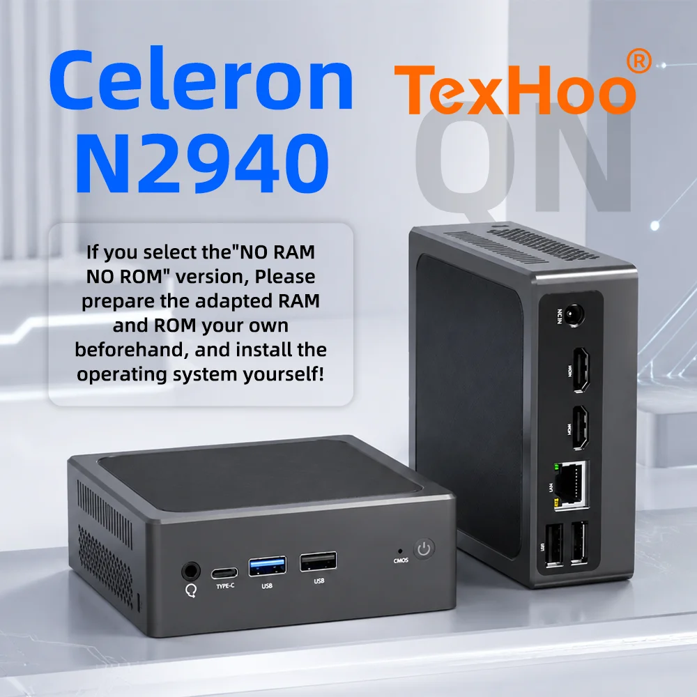 TexHoo Mini PC Intel Celeron N2940 16GB RAM 512GB SSD WIFI5 BT4.0 Windows 10 Desktop Computer 4USB TypeC Dual Display for Office