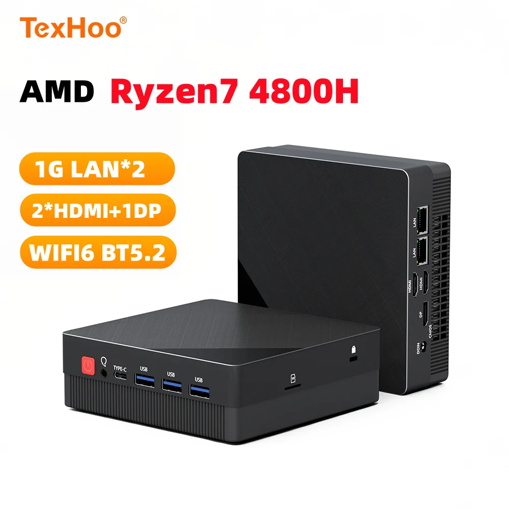 Texhoo MINI PC AMD Ryzen7 4800H 4.2GHz 2xLAN 16G DDR4 512GB SSD Pcle3.0 WIFI6 BT5.2 Triple Display Desktop Computer for Office 