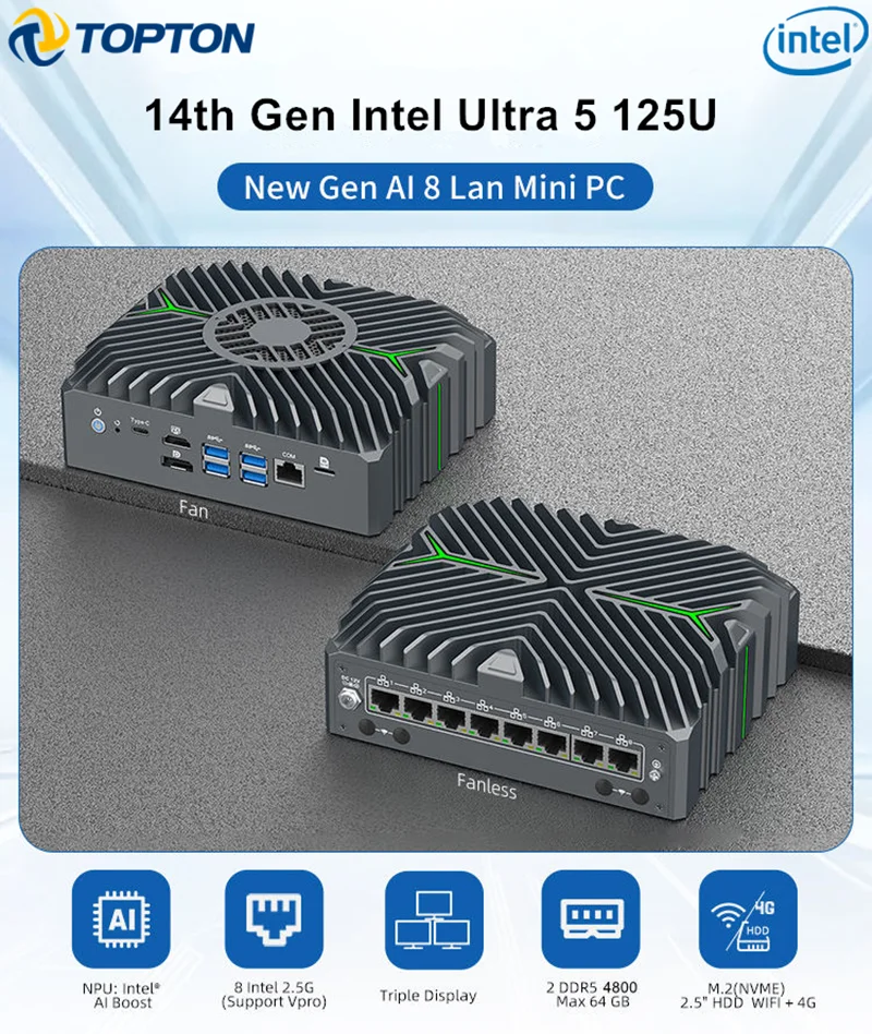 Topton 8x2.5G NIC Firewall Appliance 14th Gen Intel Ultra 5 125U VPro Industrial IoT Fanless Mini PC AI Edge Computer Pfsense