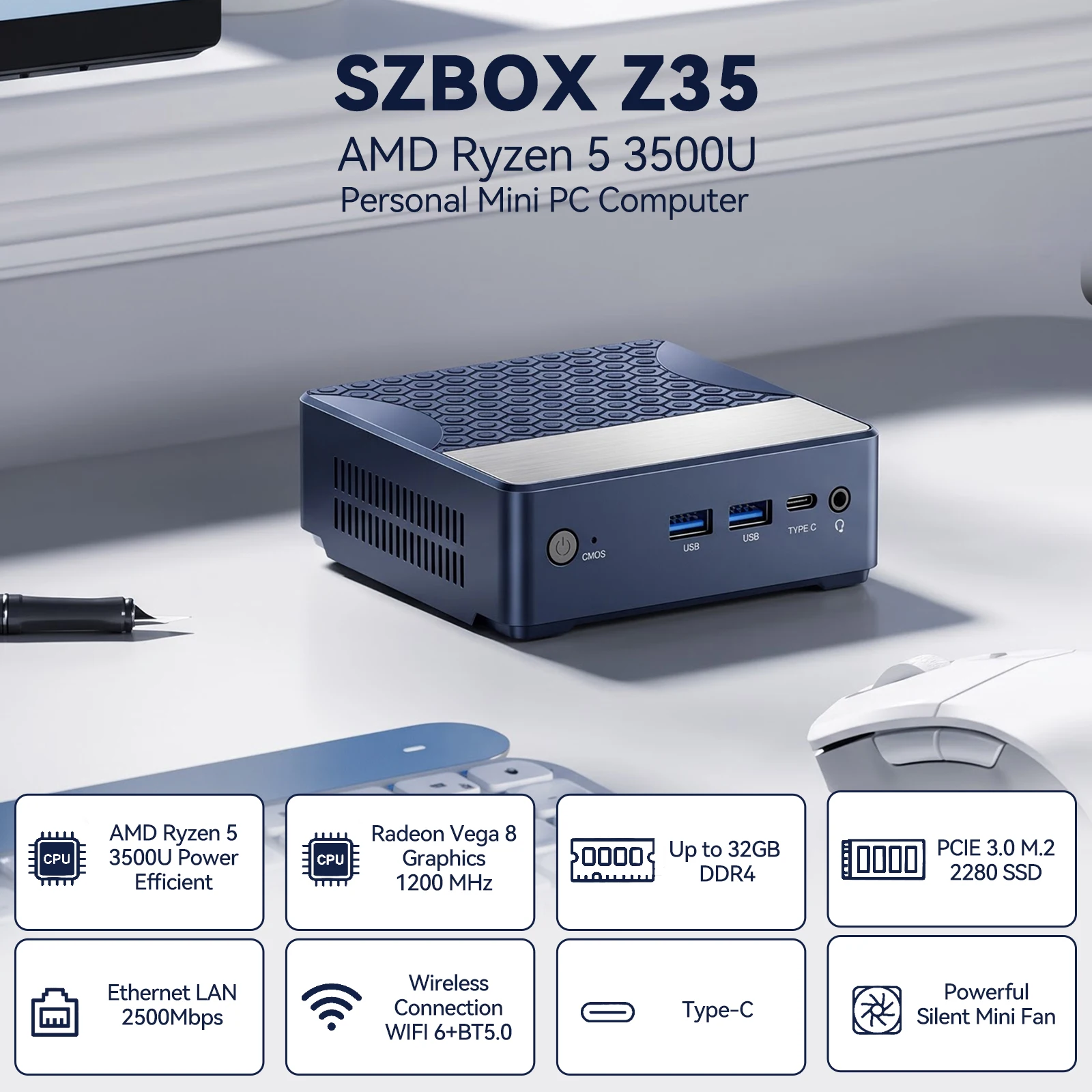 SZBOX Z35 Mini PC AMD Ryzen 5 3500U 3250U 3450U 3700U Single Channel DDR4 Single M.2 SSD Windows 11 Pro Mini Computer