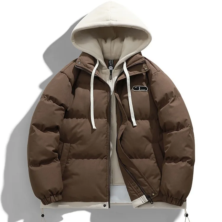 Winter New Men's Fashion Fake Two-piece Warm Fleece Loose Zipper Hooded Cotton Coat Cotton Jacket Daily Outdoor Casual
