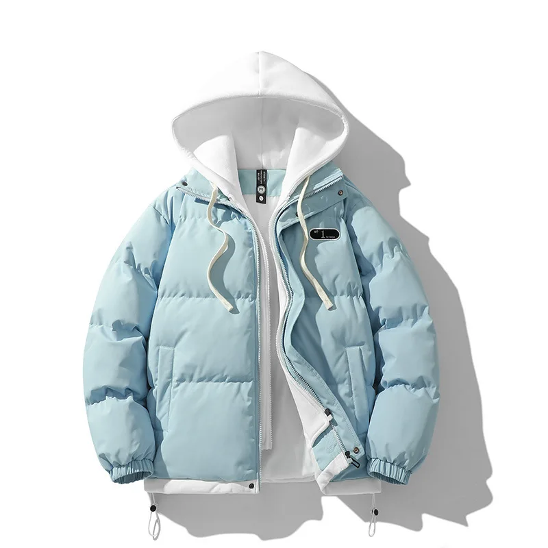 Winter New Men's Fashion Fake Two-piece Warm Fleece Loose Zipper Hooded Cotton Coat Cotton Jacket Daily Outdoor Casual