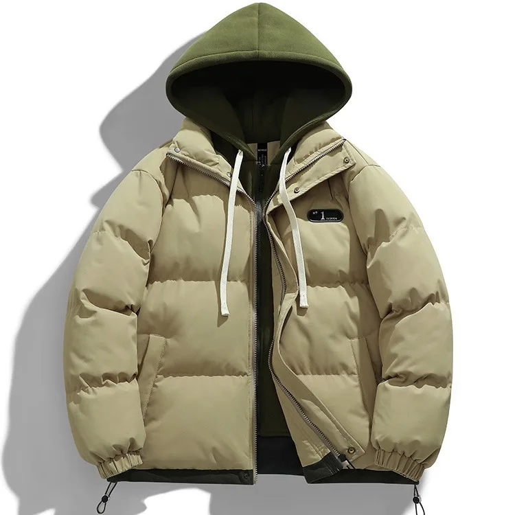 Winter New Men's Fashion Fake Two-piece Warm Fleece Loose Zipper Hooded Cotton Coat Cotton Jacket Daily Outdoor Casual