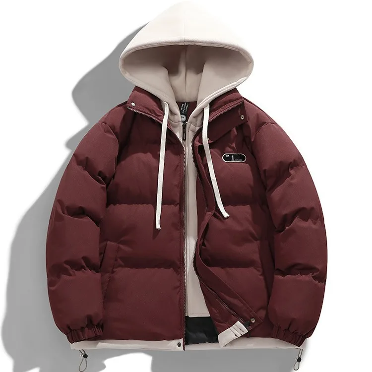 Winter New Men's Fashion Fake Two-piece Warm Fleece Loose Zipper Hooded Cotton Coat Cotton Jacket Daily Outdoor Casual