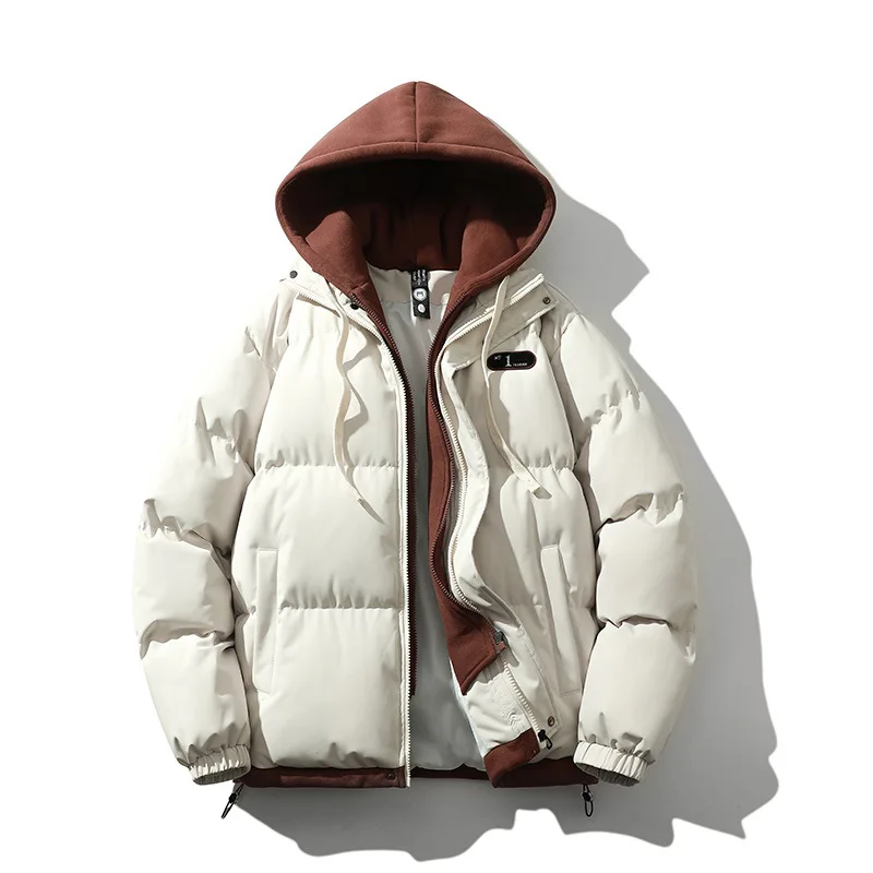 Winter New Men's Fashion Fake Two-piece Warm Fleece Loose Zipper Hooded Cotton Coat Cotton Jacket Daily Outdoor Casual