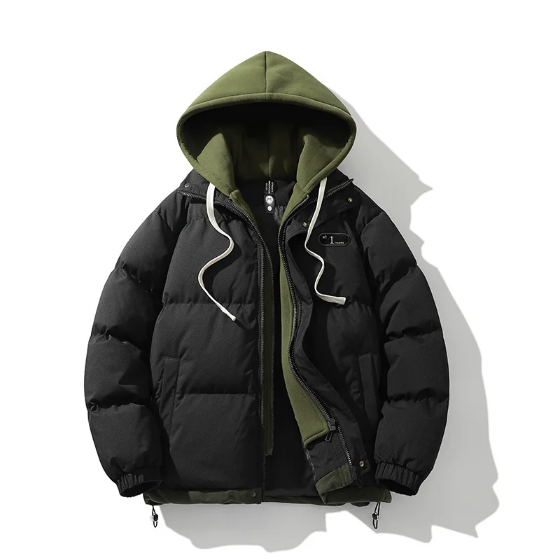 Winter New Men's Fashion Fake Two-piece Warm Fleece Loose Zipper Hooded Cotton Coat Cotton Jacket Daily Outdoor Casual