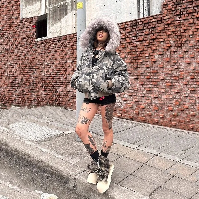 Mens Jacket Washed Camouflage Raglan Sleeve Hooded Fur Collar Bomber Cotton Coat Winter Thick Warm Streetwear Harajuku Fashion