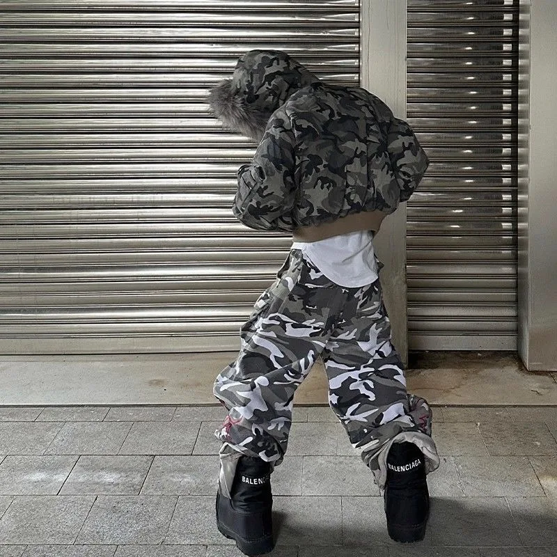 Mens Jacket Washed Camouflage Raglan Sleeve Hooded Fur Collar Bomber Cotton Coat Winter Thick Warm Streetwear Harajuku Fashion