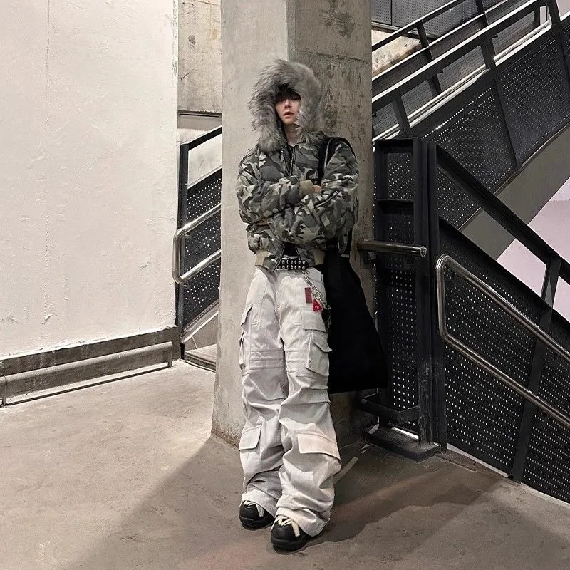 Mens Jacket Washed Camouflage Raglan Sleeve Hooded Fur Collar Bomber Cotton Coat Winter Thick Warm Streetwear Harajuku Fashion