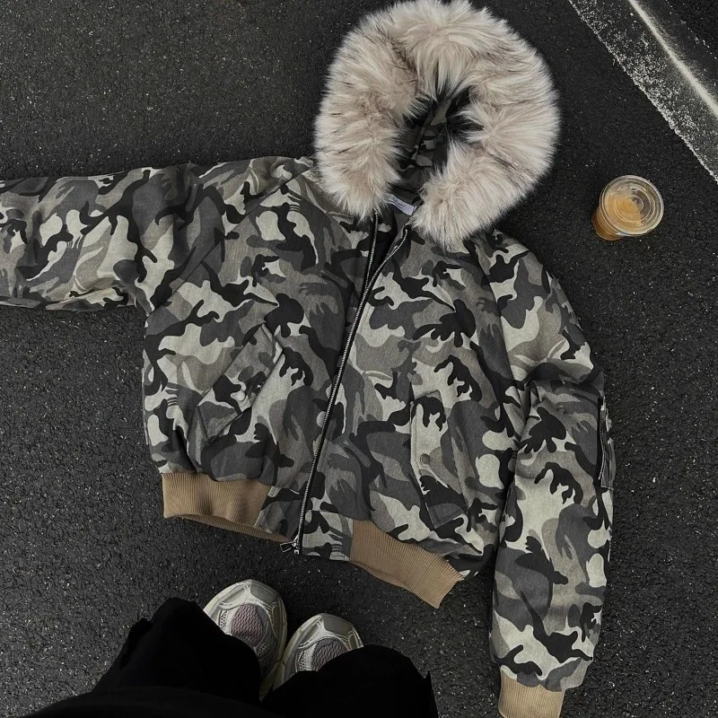 Mens Jacket Washed Camouflage Raglan Sleeve Hooded Fur Collar Bomber Cotton Coat Winter Thick Warm Streetwear Harajuku Fashion