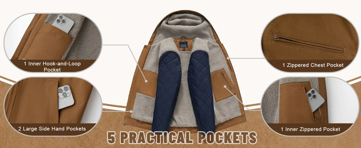 TACVASEN Men's Hooded Work Sherpa Insulated Jacket Winter Fleece Lined Duck Heavy Duty Canva Cotton Coat with Hoodie Waterproof