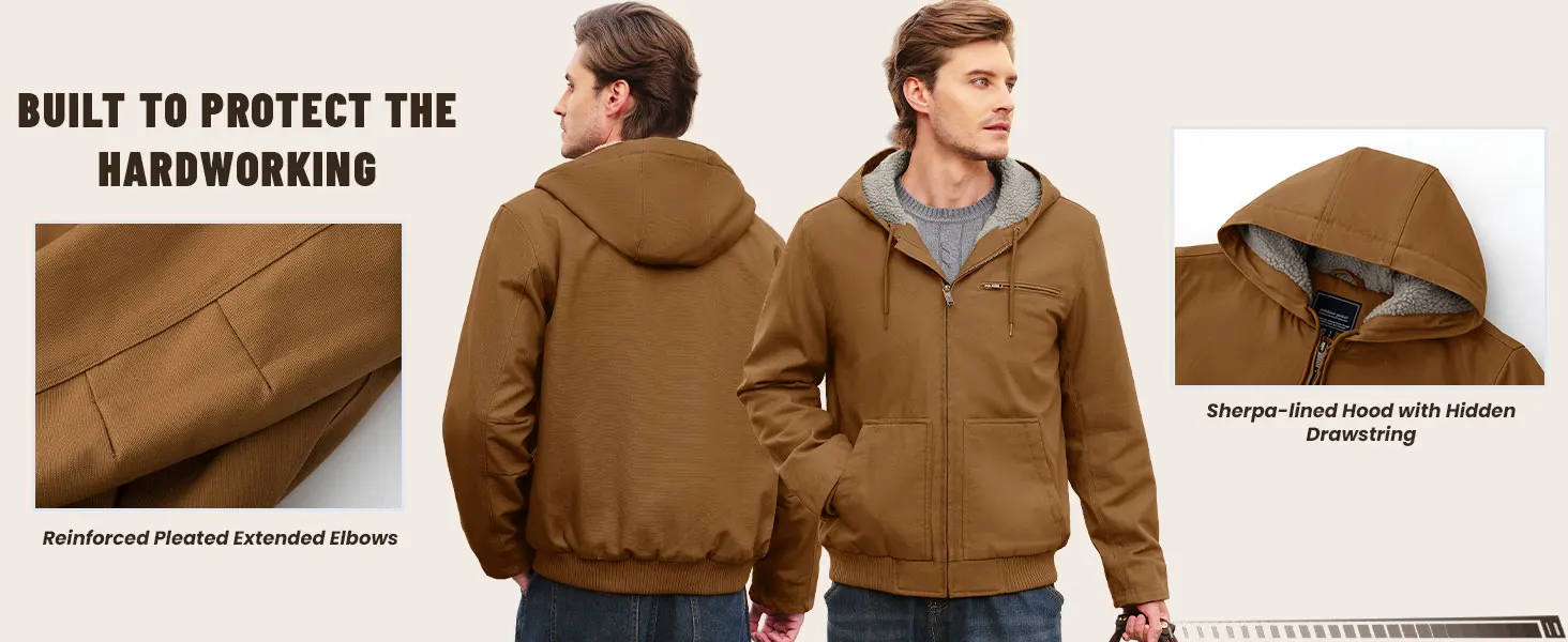 TACVASEN Men's Hooded Work Sherpa Insulated Jacket Winter Fleece Lined Duck Heavy Duty Canva Cotton Coat with Hoodie Waterproof