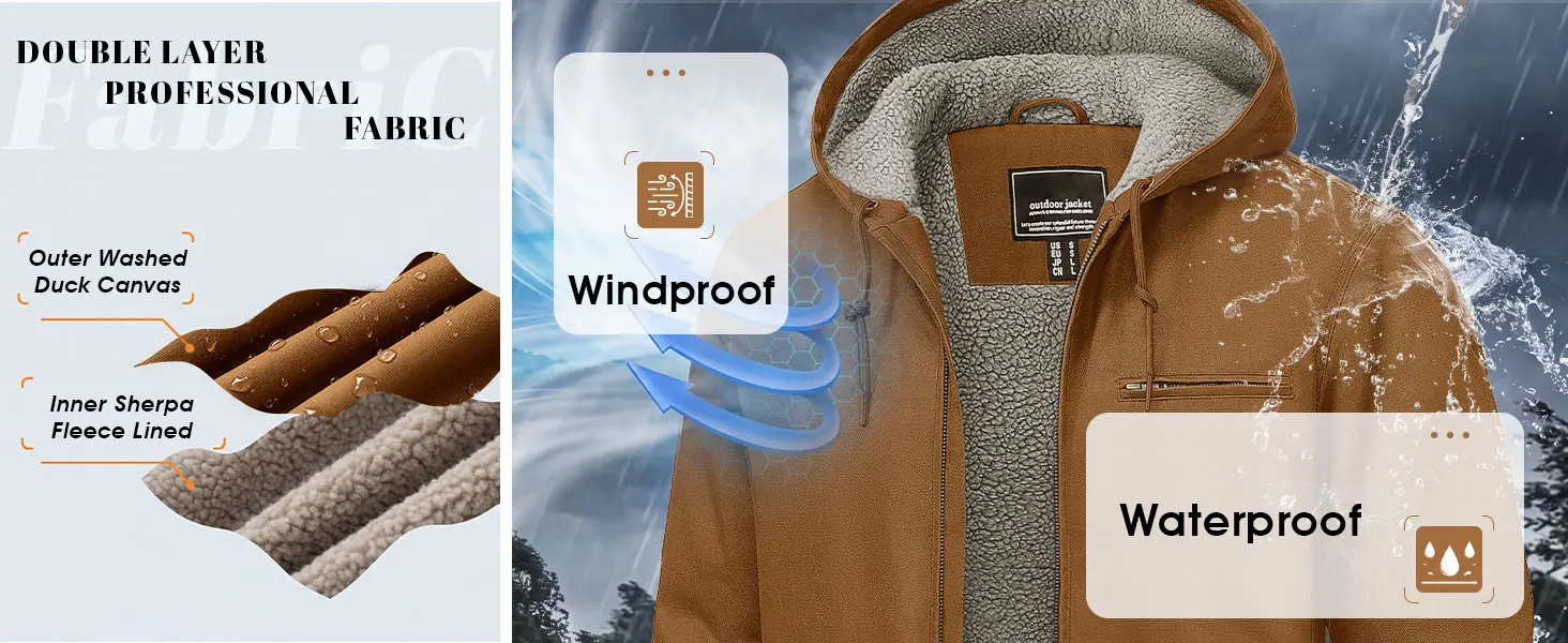 TACVASEN Men's Hooded Work Sherpa Insulated Jacket Winter Fleece Lined Duck Heavy Duty Canva Cotton Coat with Hoodie Waterproof