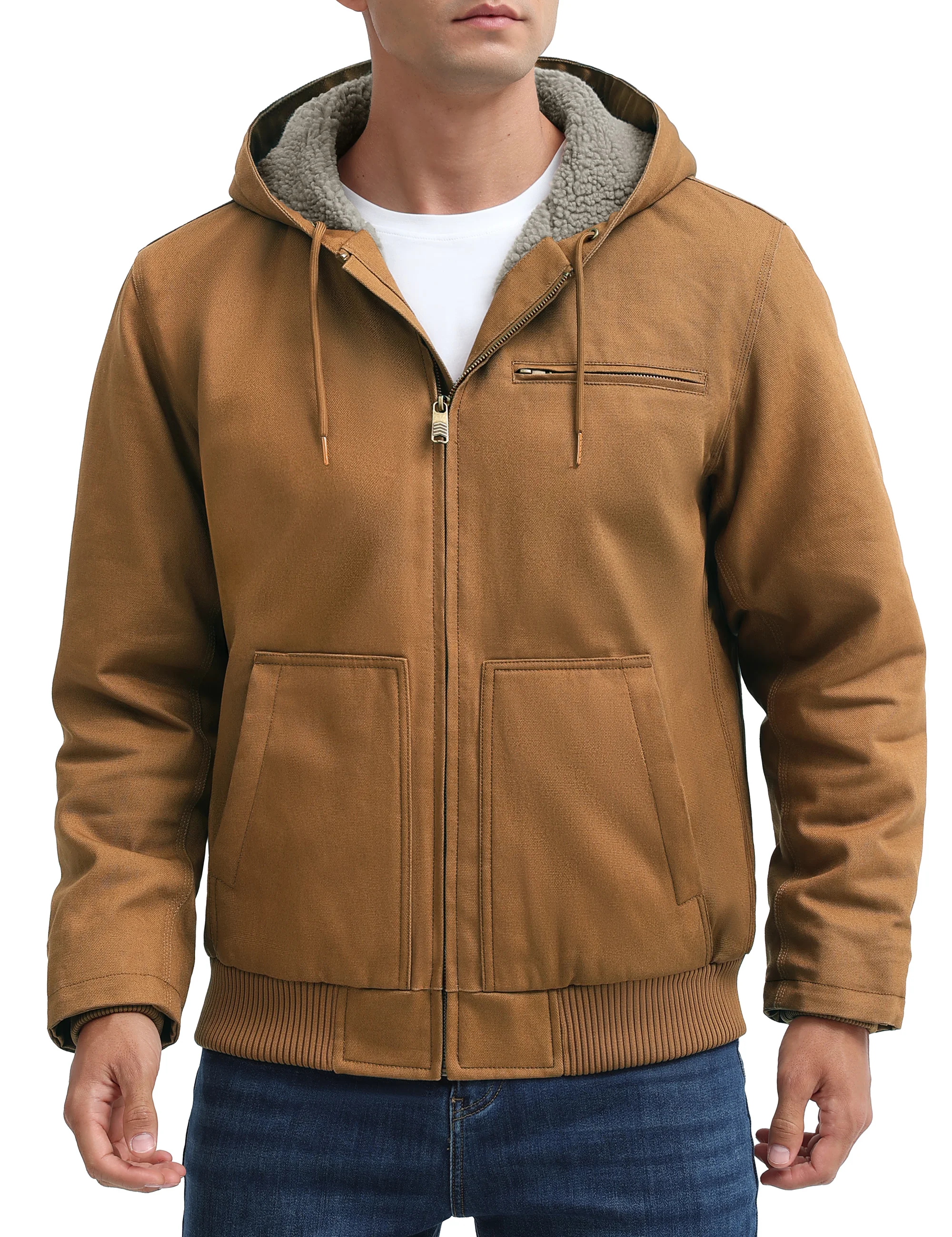 TACVASEN Men's Hooded Work Sherpa Insulated Jacket Winter Fleece Lined Duck Heavy Duty Canva Cotton Coat with Hoodie Waterproof