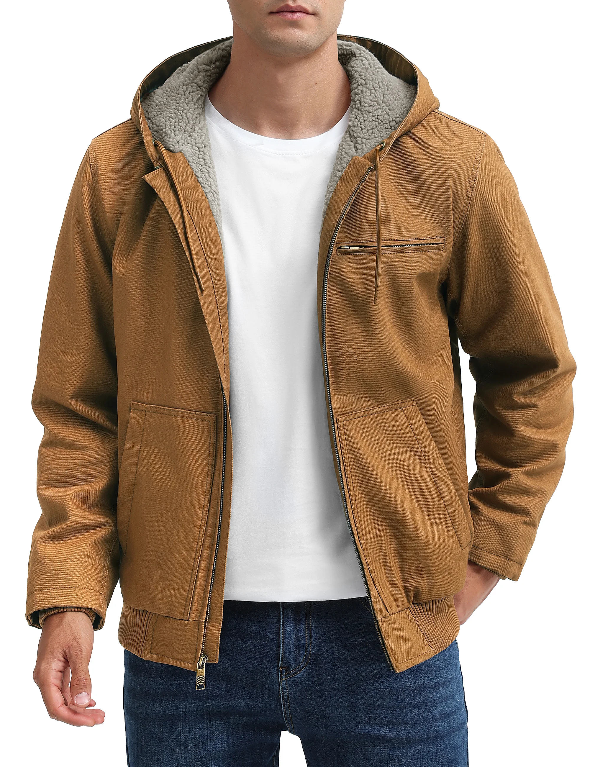 TACVASEN Men's Hooded Work Sherpa Insulated Jacket Winter Fleece Lined Duck Heavy Duty Canva Cotton Coat with Hoodie Waterproof
