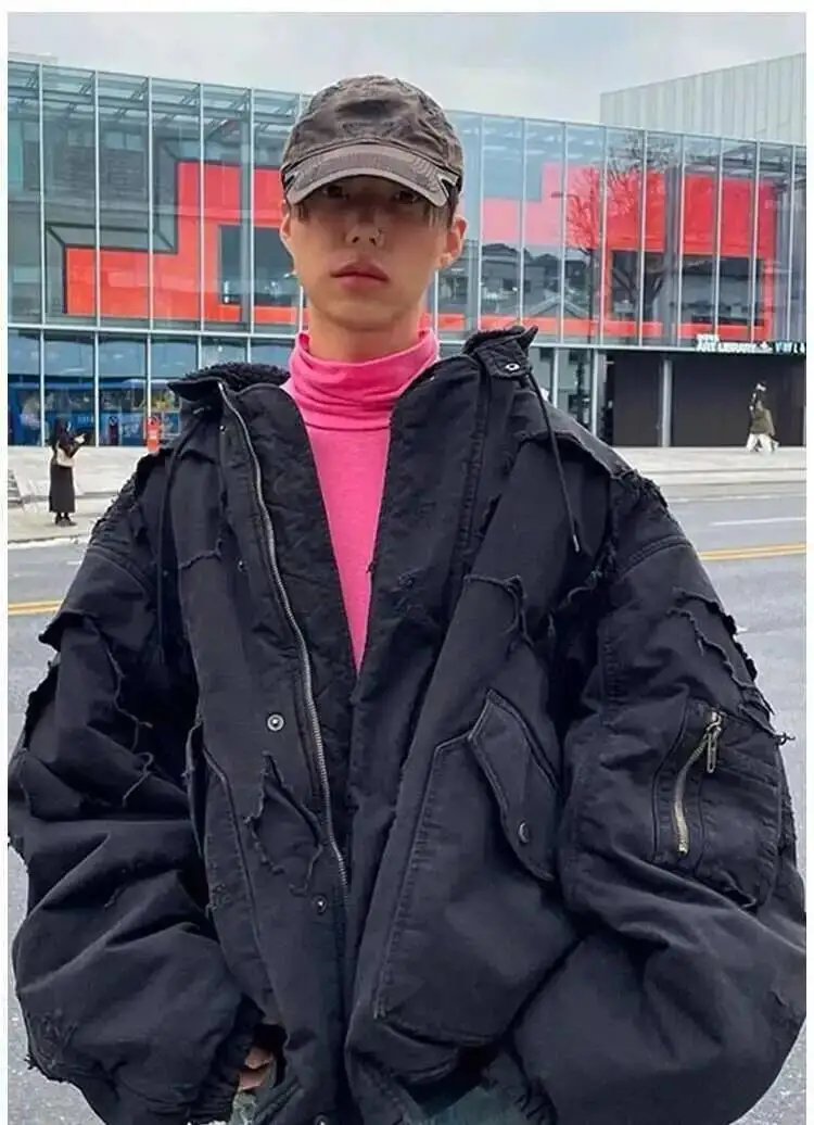 FEWQ American High Street Hooded Jacket Cotton Darkwear 2024 Solid Color Long Sleeve Male Tops Pocket Design 24E5366