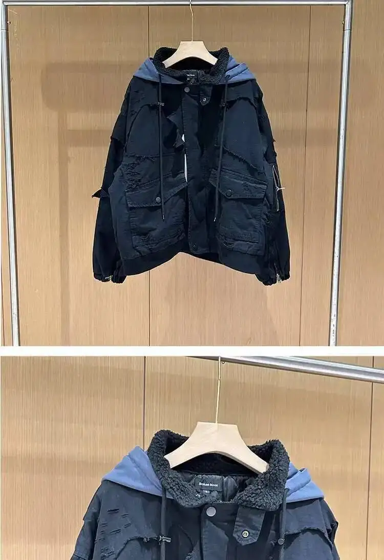 FEWQ American High Street Hooded Jacket Cotton Darkwear 2024 Solid Color Long Sleeve Male Tops Pocket Design 24E5366
