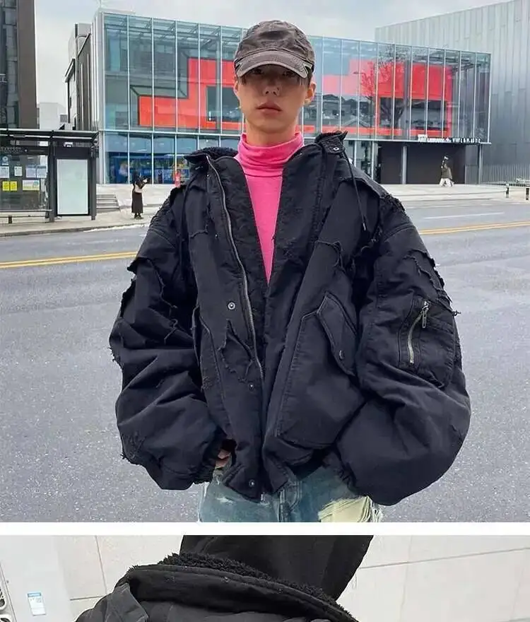 FEWQ American High Street Hooded Jacket Cotton Darkwear 2024 Solid Color Long Sleeve Male Tops Pocket Design 24E5366