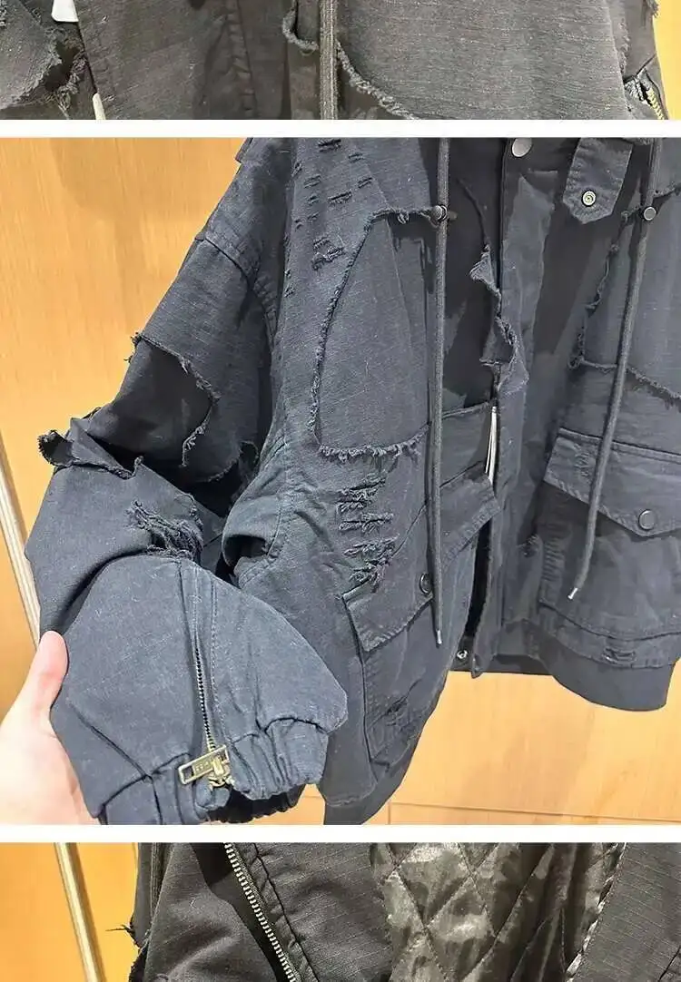 FEWQ American High Street Hooded Jacket Cotton Darkwear 2024 Solid Color Long Sleeve Male Tops Pocket Design 24E5366