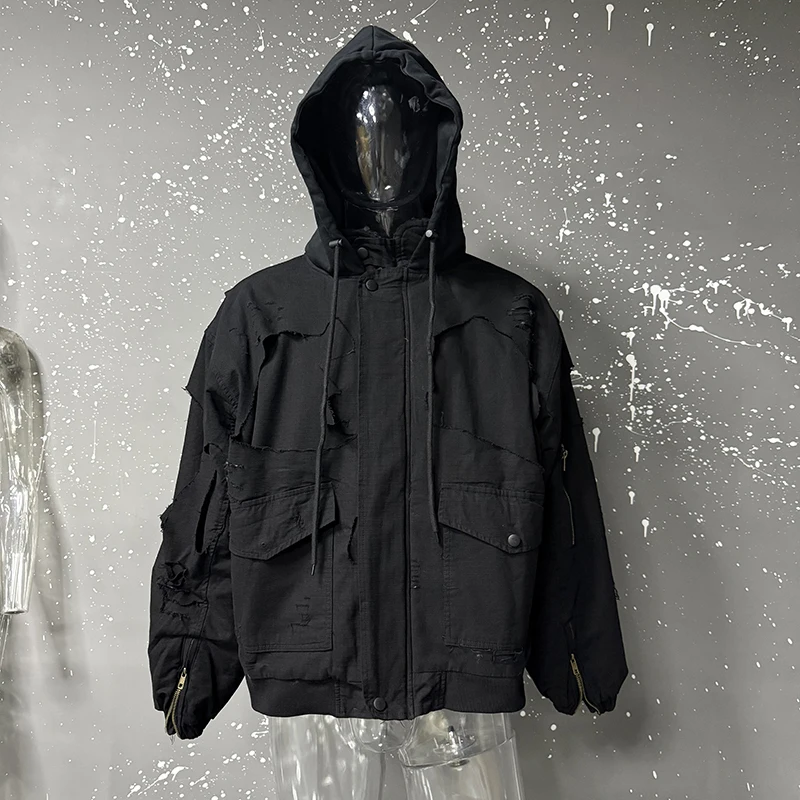 FEWQ American High Street Hooded Jacket Cotton Darkwear 2024 Solid Color Long Sleeve Male Tops Pocket Design 24E5366