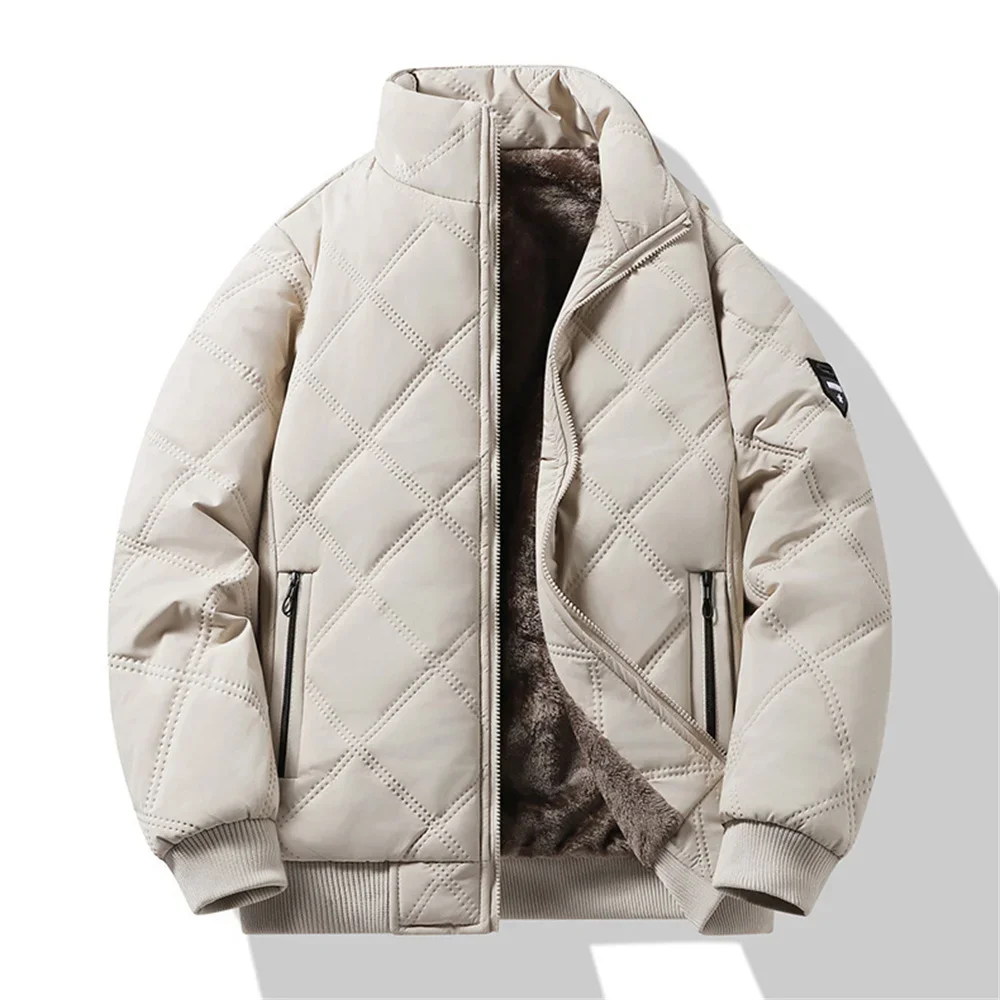 Windproof Thermal Diamond Quilted Jacket Men Winter Men's Fleece-Lined Thickened Parkas Man Cuff Design Stand-Up Collar Jackets