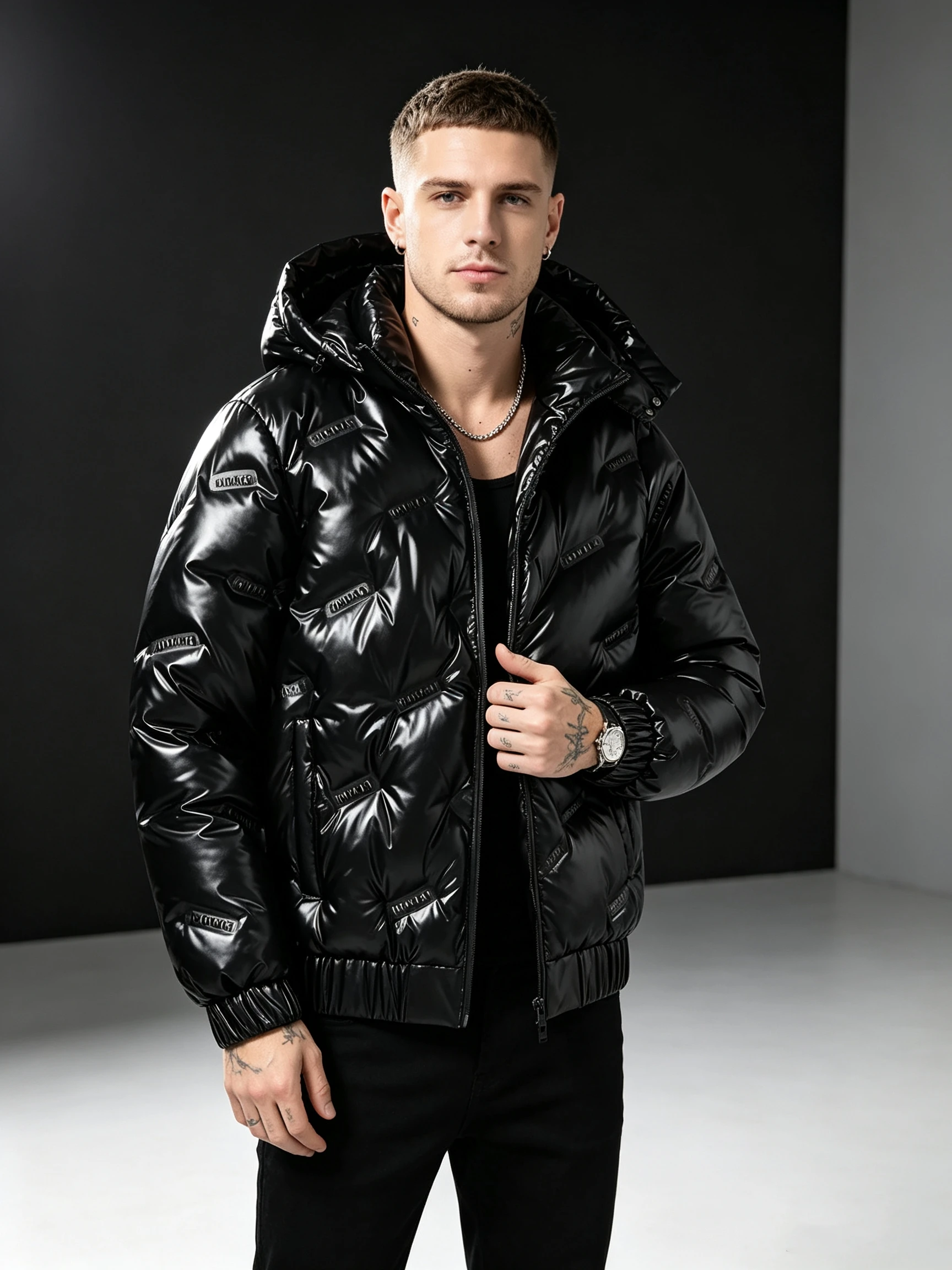 Men's Shiny Black Hooded Puffer Jacket Embossed Logo Warm Winter Coat Elastic Rib Hem Casual Outerwear
