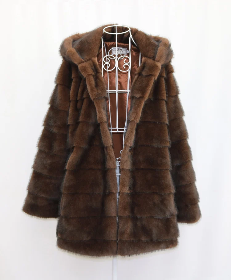 Open-front, button-down, hooded, plush women's coat, mink mid-length fur coat, winter warm windbreaker