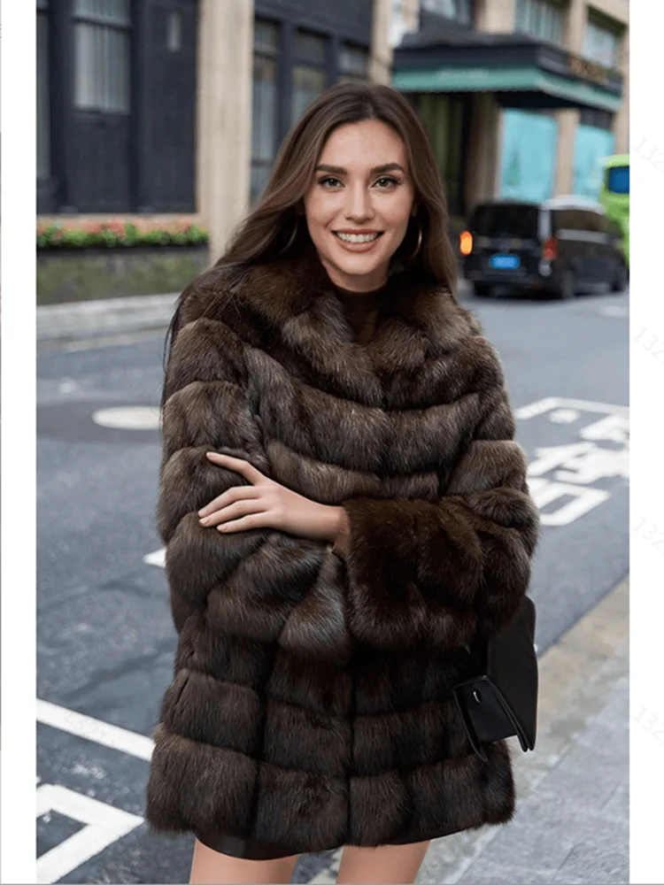 Open-front, button-down, hooded, plush women's coat, mink mid-length fur coat, winter warm windbreaker
