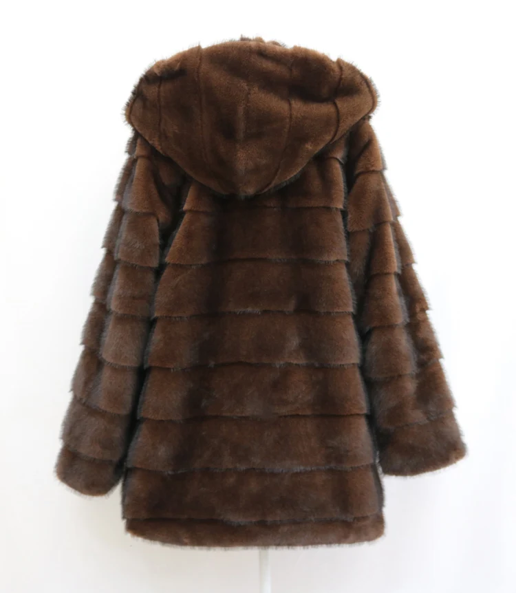 Open-front, button-down, hooded, plush women's coat, mink mid-length fur coat, winter warm windbreaker