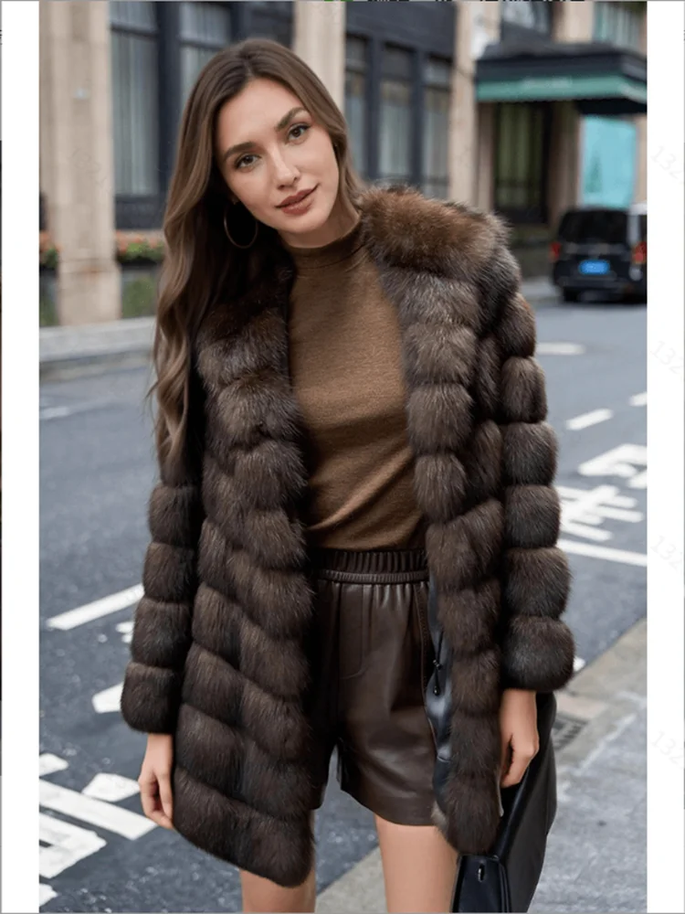 Open-front, button-down, hooded, plush women's coat, mink mid-length fur coat, winter warm windbreaker