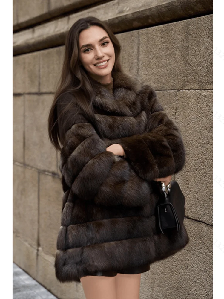 Open-front, button-down, hooded, plush women's coat, mink mid-length fur coat, winter warm windbreaker