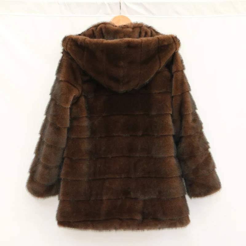 Open-front, button-down, hooded, plush women's coat, mink mid-length fur coat, winter warm windbreaker