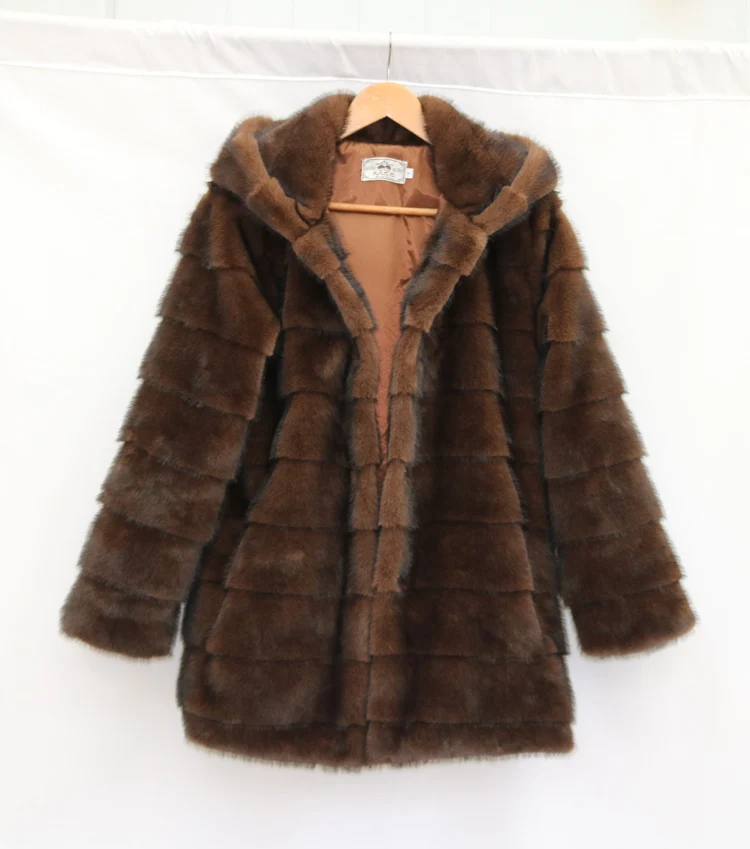 Open-front, button-down, hooded, plush women's coat, mink mid-length fur coat, winter warm windbreaker