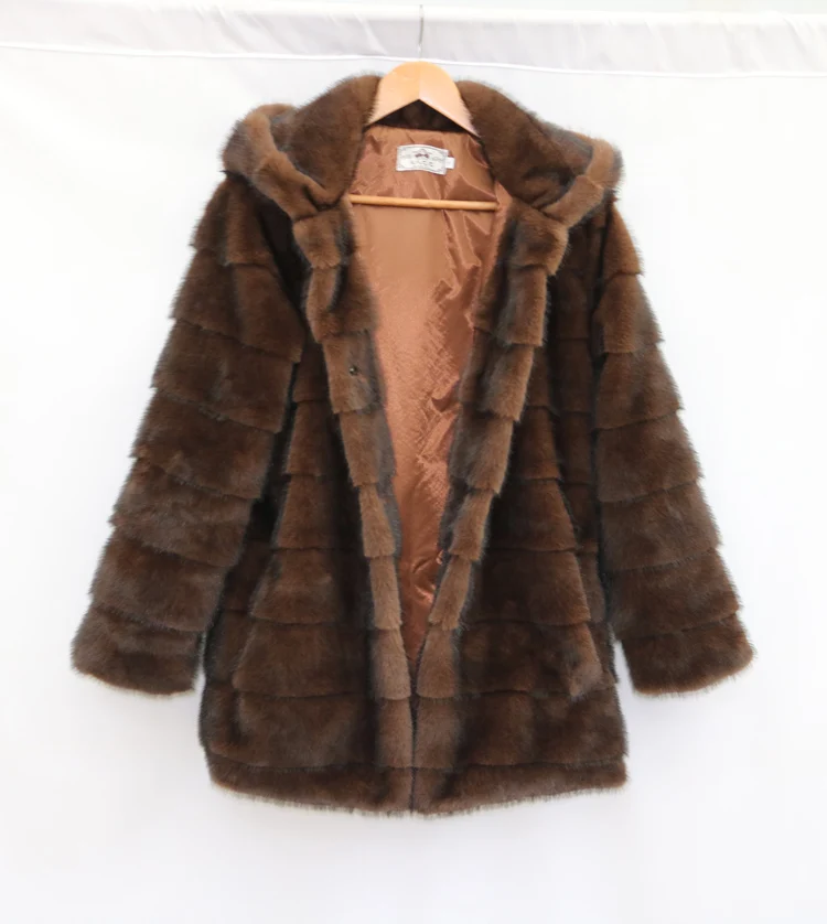 Open-front, button-down, hooded, plush women's coat, mink mid-length fur coat, winter warm windbreaker