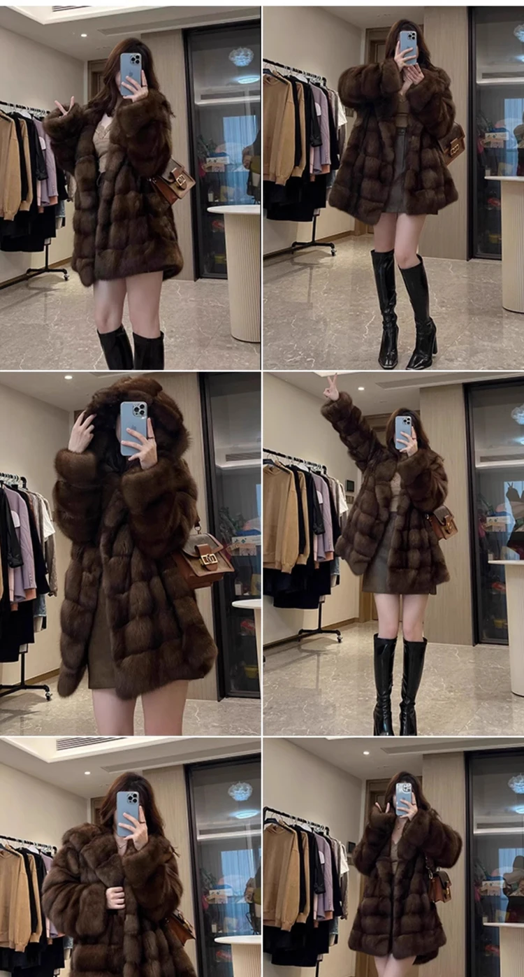 Open-front, button-down, hooded, plush women's coat, mink mid-length fur coat, winter warm windbreaker
