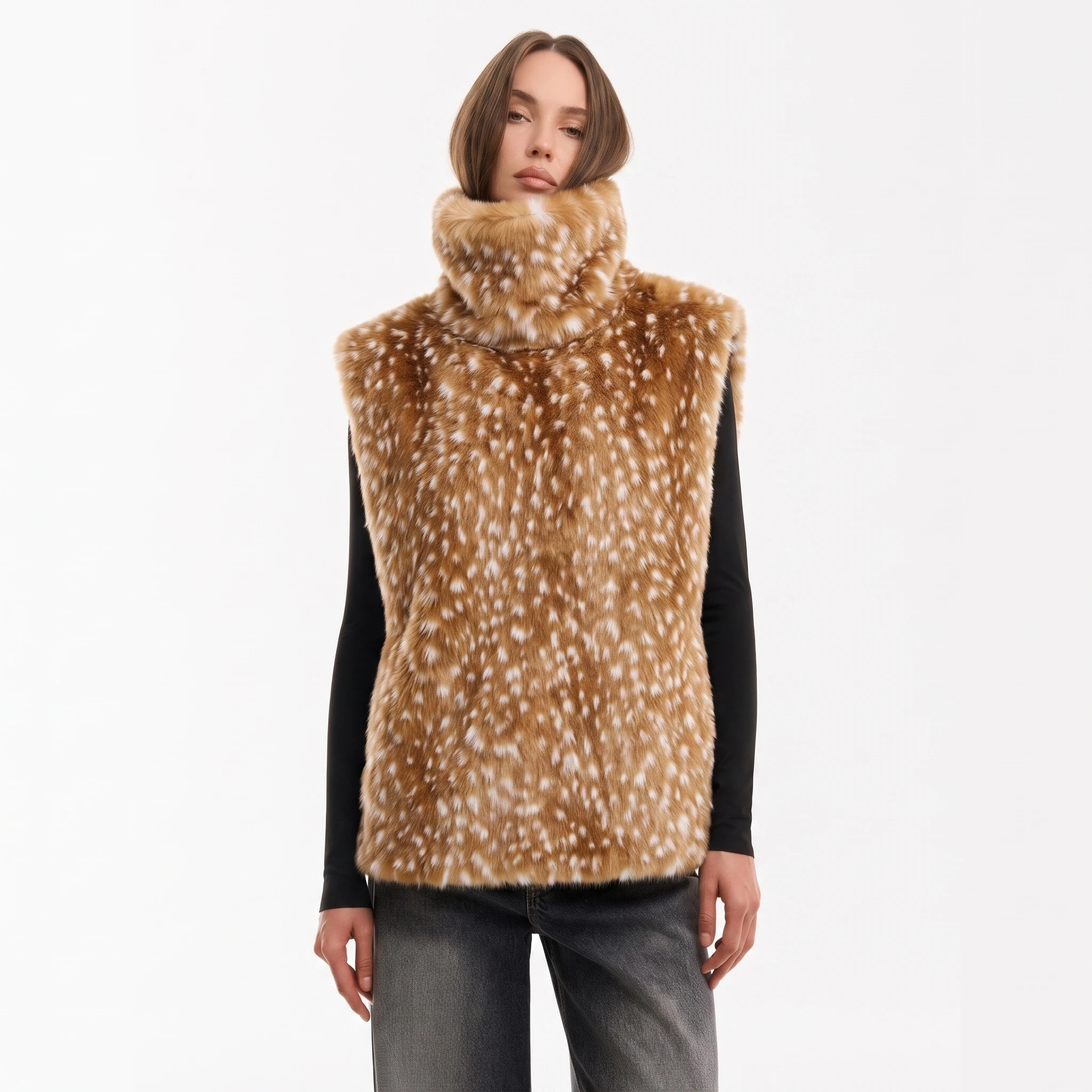 LIMO Ladies Sleeveless Faux Fur Gilet Turtleneck Spotted Print Casual Loose Fashion Plush Waistcoat