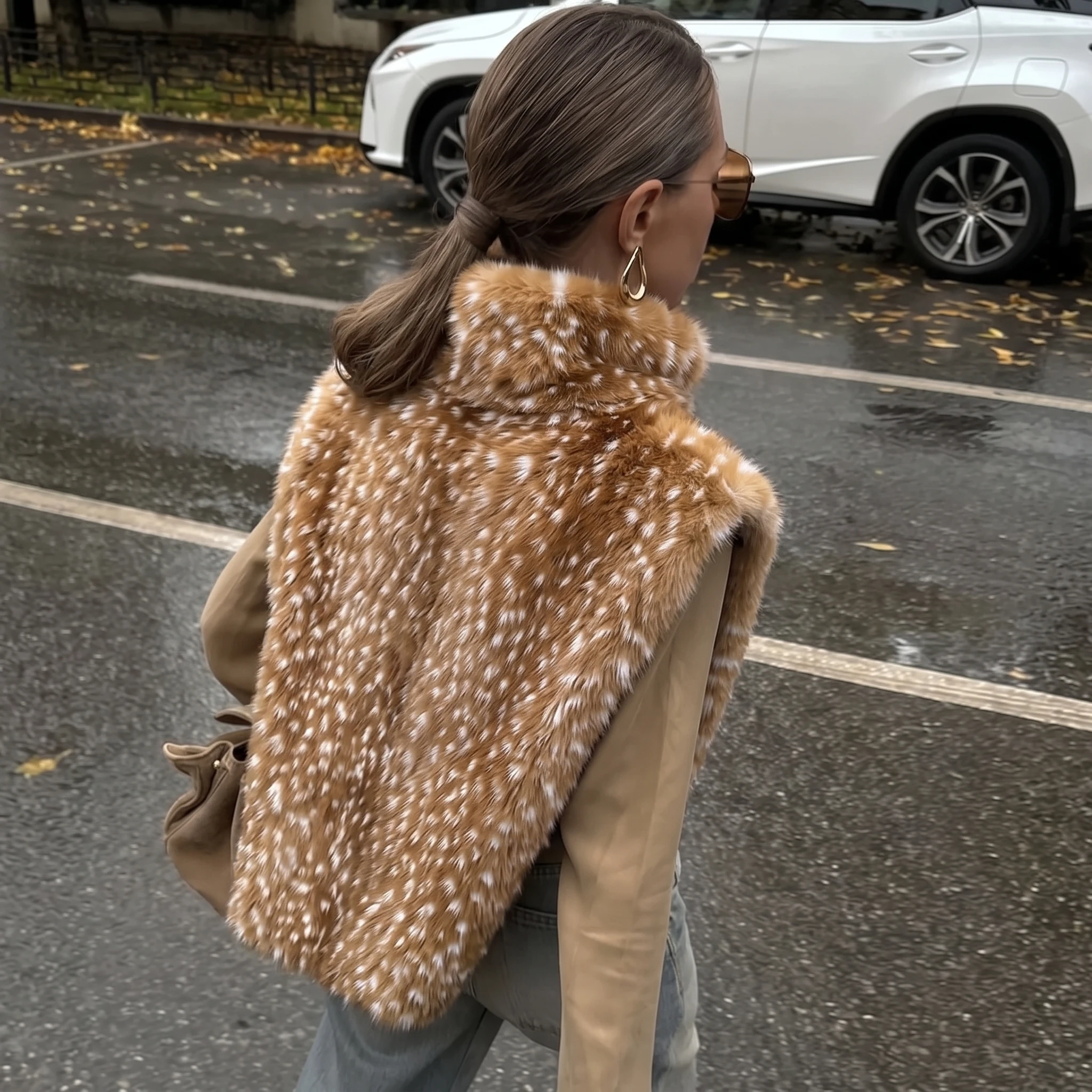LIMO Ladies Sleeveless Faux Fur Gilet Turtleneck Spotted Print Casual Loose Fashion Plush Waistcoat