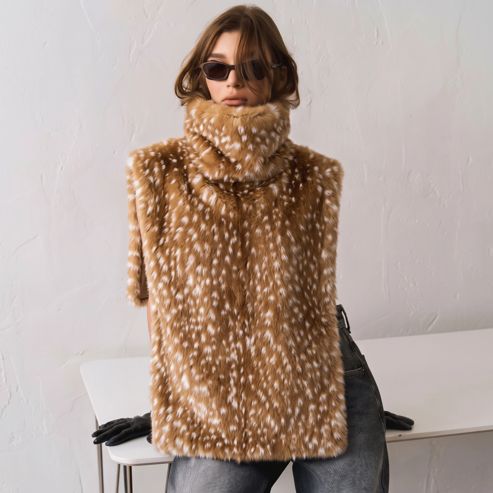 LIMO Ladies Sleeveless Faux Fur Gilet Turtleneck Spotted Print Casual Loose Fashion Plush Waistcoat