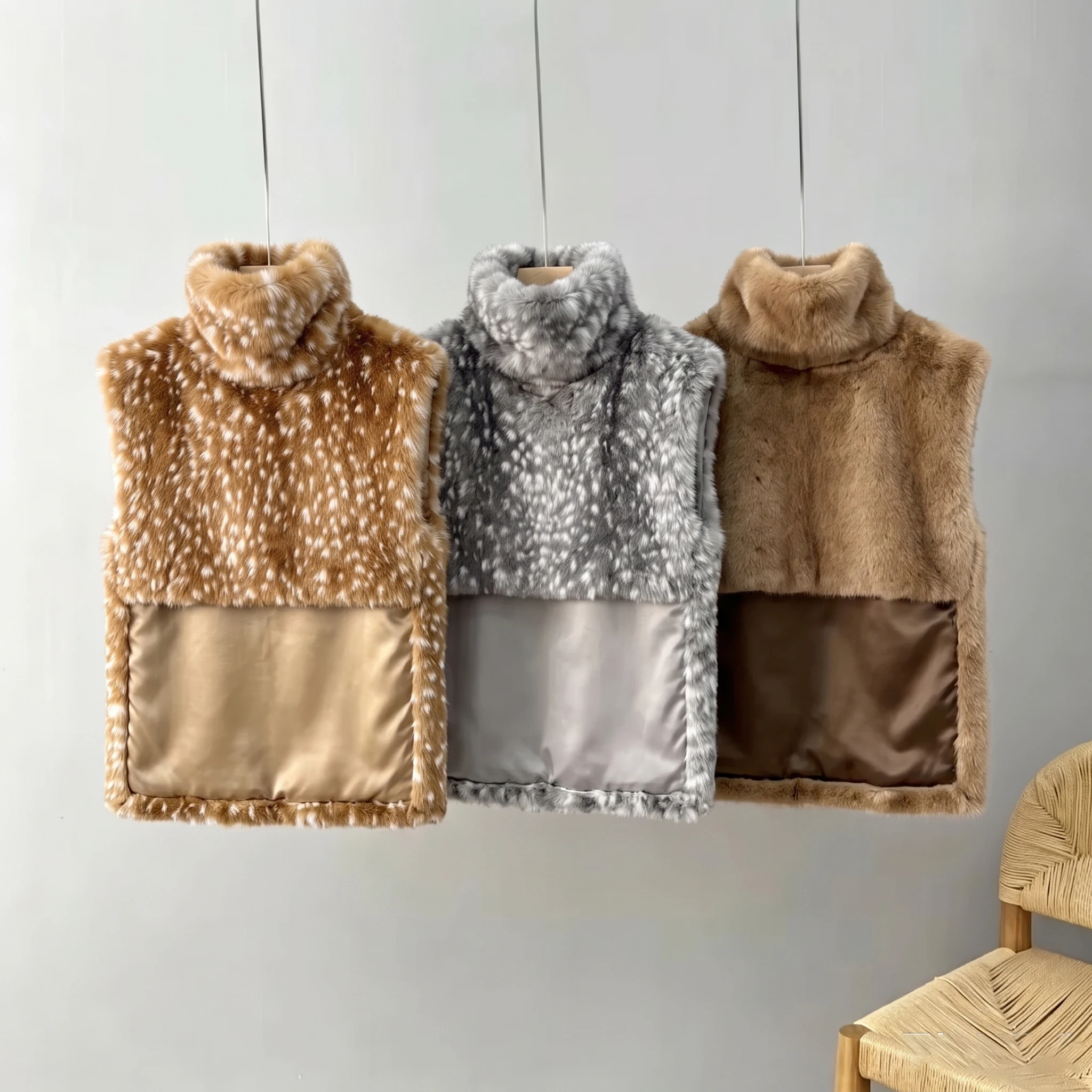 LIMO Ladies Sleeveless Faux Fur Gilet Turtleneck Spotted Print Casual Loose Fashion Plush Waistcoat