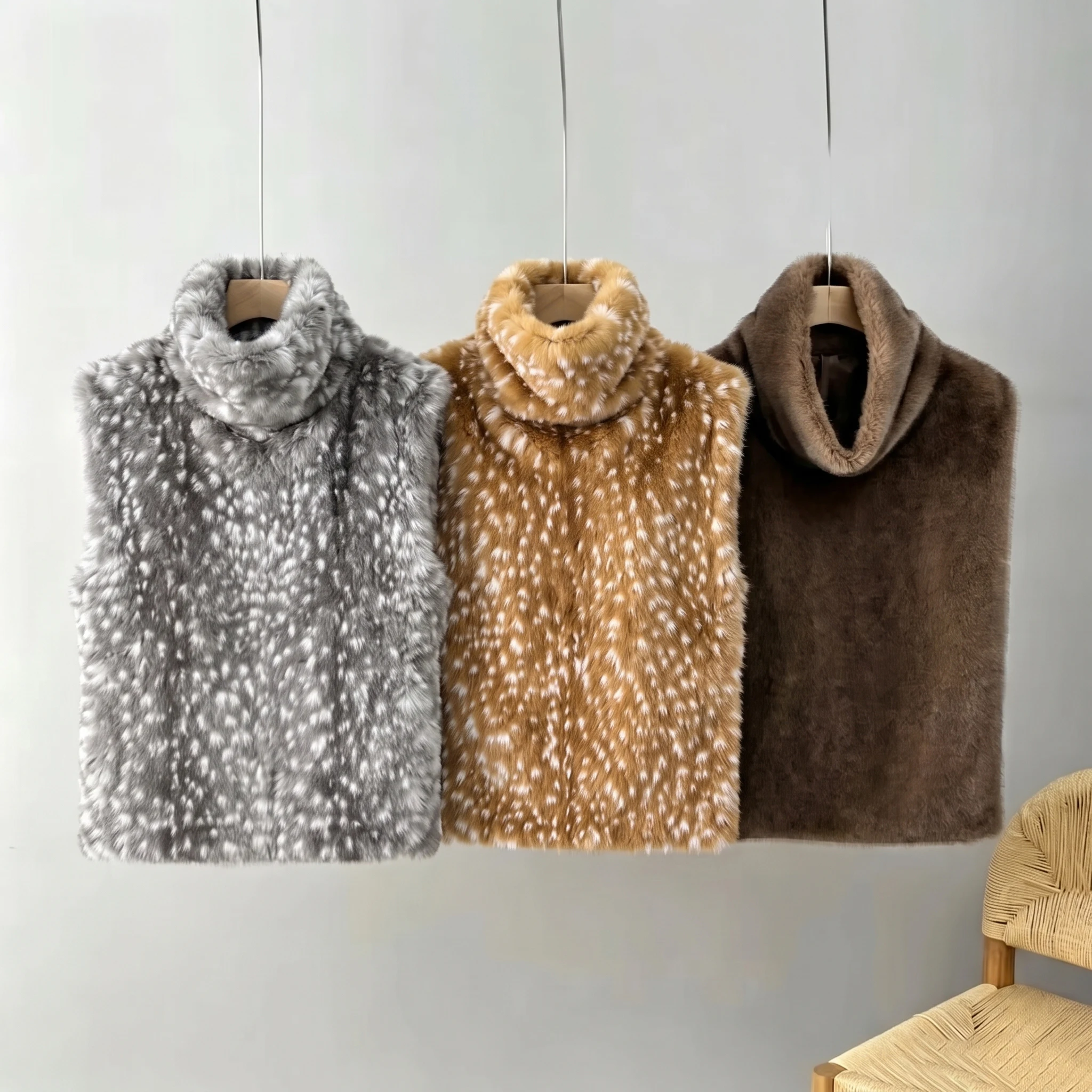 LIMO Ladies Sleeveless Faux Fur Gilet Turtleneck Spotted Print Casual Loose Fashion Plush Waistcoat