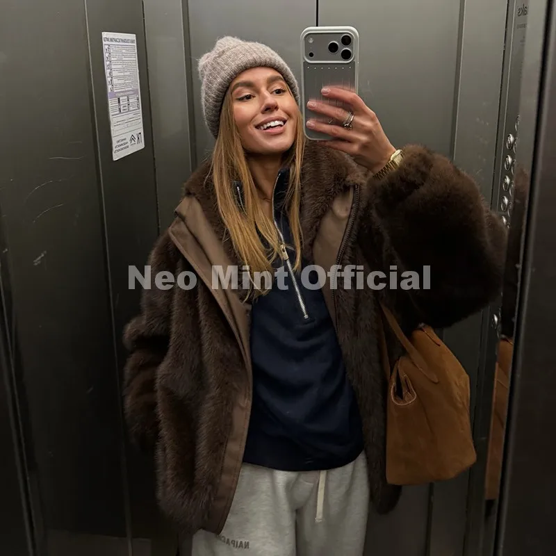 Neo Mint Hot Street Fashion Girls Luxury Fuzzy Mink Fur Bomber Jacket Women Winter Oversized Chunky Faux Fur Coat Warm Outerwear