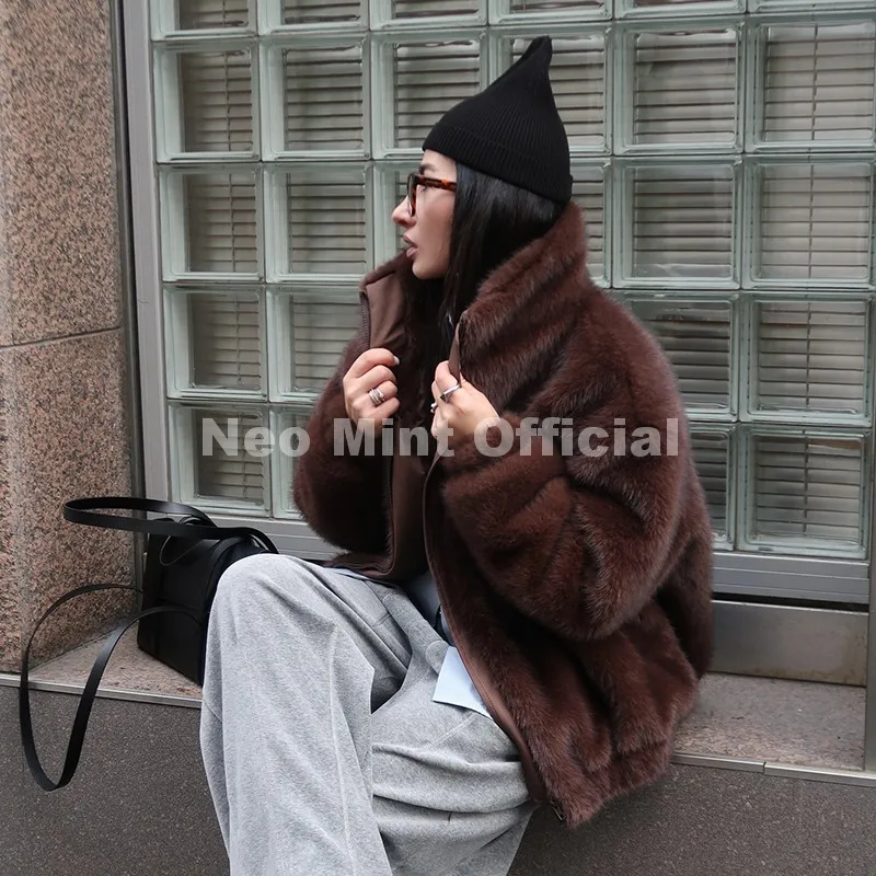 Neo Mint Hot Street Fashion Girls Luxury Fuzzy Mink Fur Bomber Jacket Women Winter Oversized Chunky Faux Fur Coat Warm Outerwear