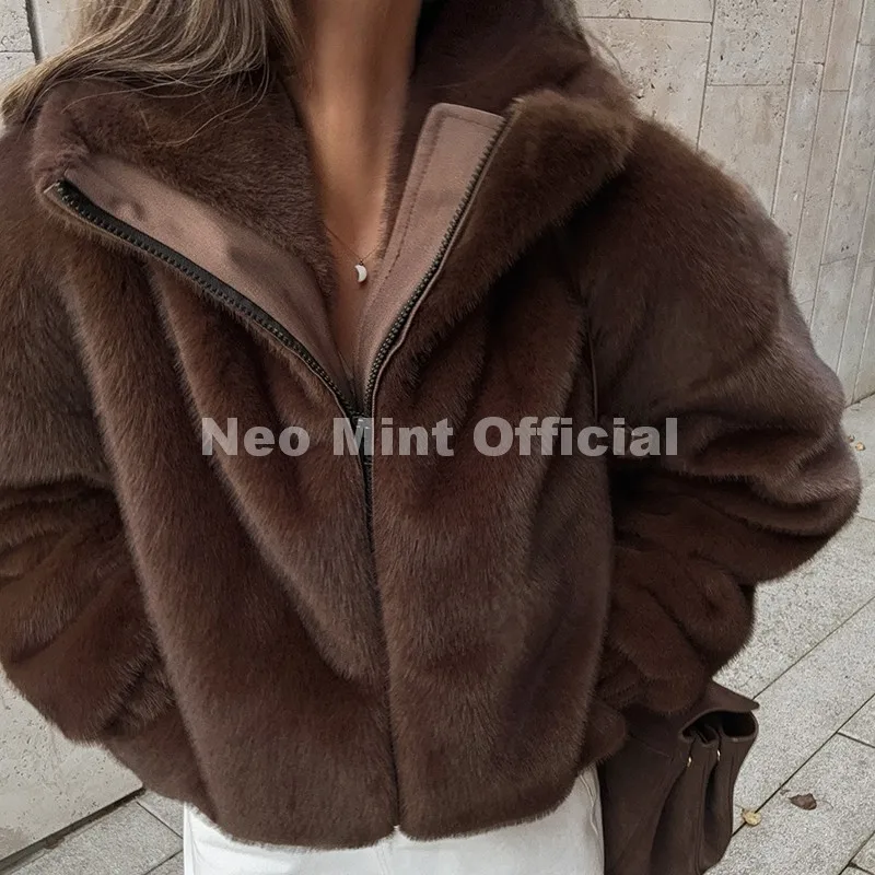 Neo Mint Hot Street Fashion Girls Luxury Fuzzy Mink Fur Bomber Jacket Women Winter Oversized Chunky Faux Fur Coat Warm Outerwear
