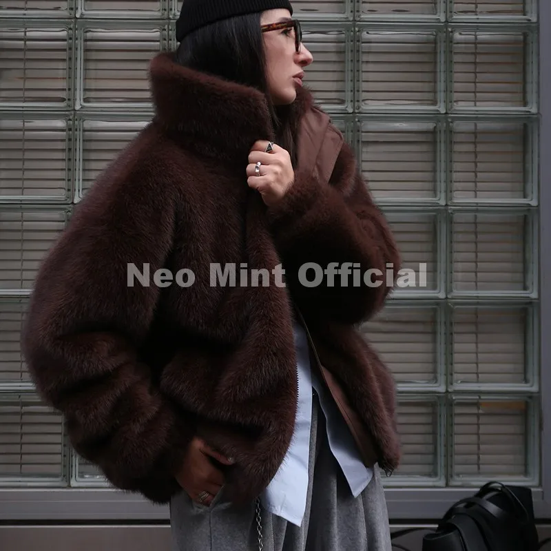 Neo Mint Hot Street Fashion Girls Luxury Fuzzy Mink Fur Bomber Jacket Women Winter Oversized Chunky Faux Fur Coat Warm Outerwear